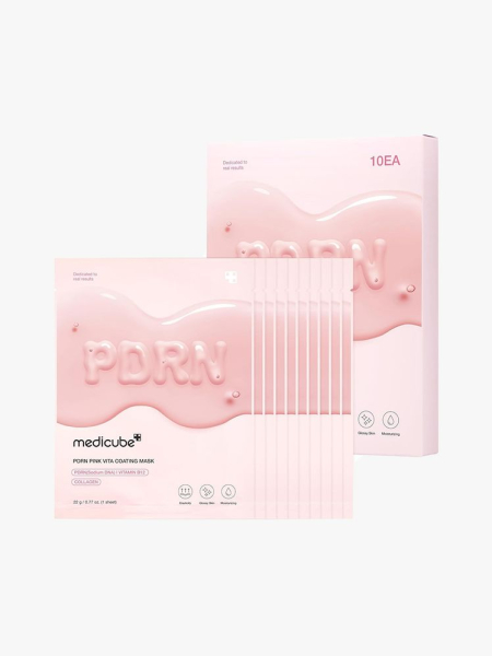 Medicube PDRN Pink Vita Coating Sheet Mask pink face mask sachets on light gray background